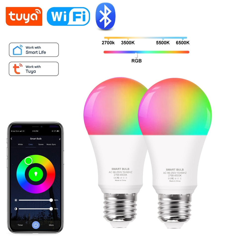 Tuya Wifi/Bluetooth Smart Bulb Alexa Led Lamp E27 RGB Smart Light Bulbs 110V 220V Smart Lamps For Google Assisatnt Smart Life