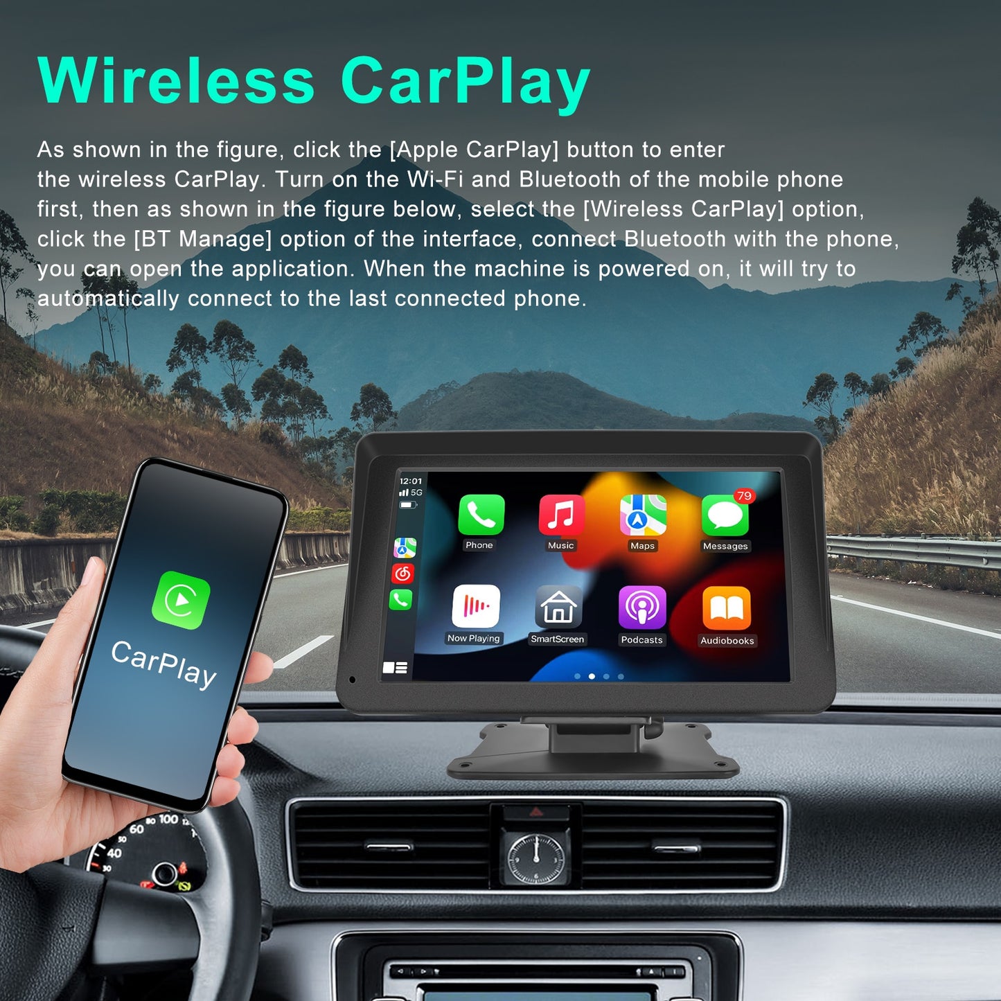 Podofo 7'' Car Mirror Carplay Recording Carplay & Android Auto Voice Control Touch Screen Monitor Car Radio Dashboard DVR